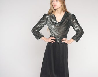 Vintage Metallic Party Dress 80s Semi Sheer Peplum Dress Silver Cocktail Midi Dress Long Puff Sleeve Cowl Neck Formal Glam 1980s Small S