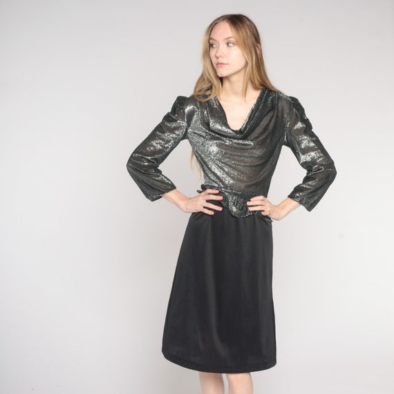 Vintage Metallic Party Dress 80s Semi Sheer Peplum Dress Silver Cocktail Midi Dress Long Puff Sleeve Cowl Neck Formal Glam 1980s Small S