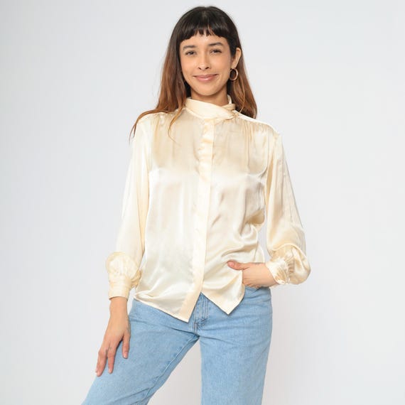 Vintage Cream Satin Blouse 80s Button up Top Long Sleeve Collared Shirt High Mock Neck Preppy Formal Chic Shiny Formal 1980s Small 6