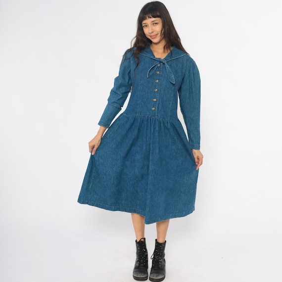 Denim Prairie Dress 90s Blue Cotton Bow Tie Collar Long Sleeve Drop Waist Gathered Skirt Vintage Cottagecore Casual Shirtdress Jean Medium M