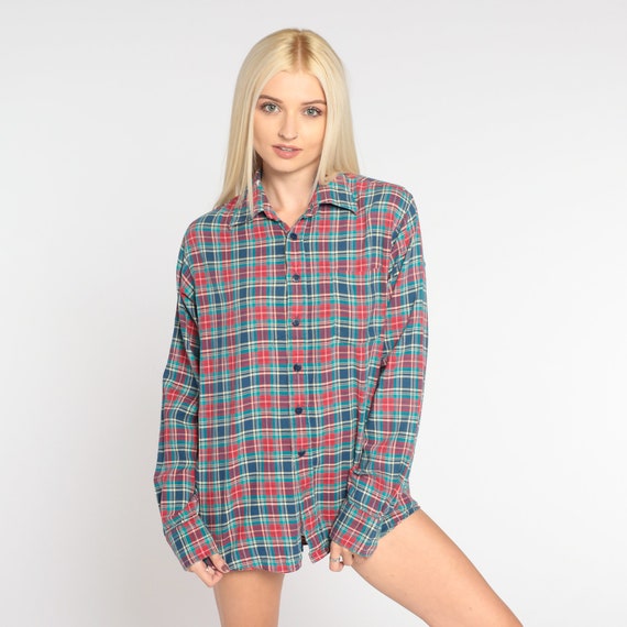 80s Plaid Shirt Blue Red Checkered Shirt Retro Preppy Button Up Top Collared Long Sleeve Grunge Flannel Lumberjack Vintage 1980s Small S
