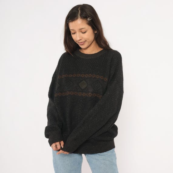 Charcoal Diamond Knit Sweater 90s Geometric Dark Brown Leather Patch Cable Wool Grandpa Chunky Winter Warm Rustic Black Vintage Large L