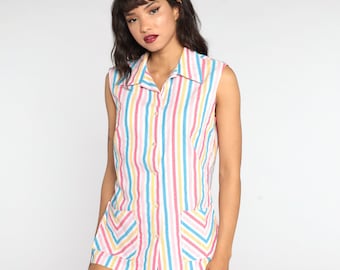 Rainbow Striped Blouse 70s Tank Top Button Up Shirt 1970s Kawaii Shirt Sleeveless Top Vintage Medium Large