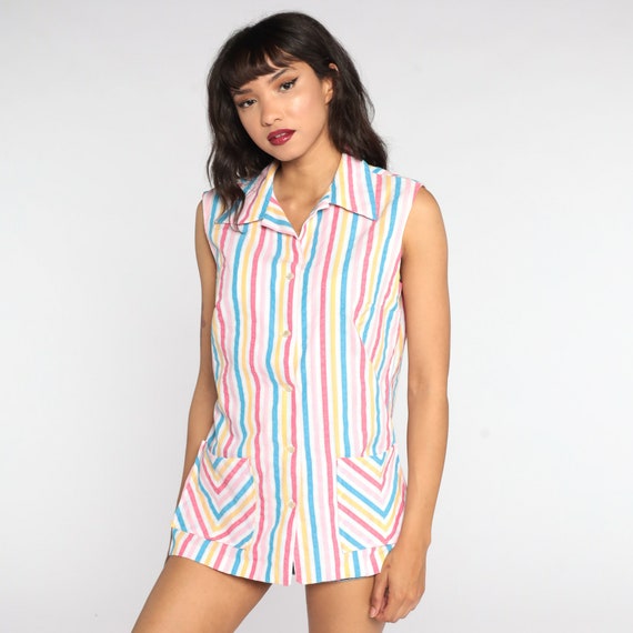 Rainbow Striped Blouse 70s Tank Top Button Up Shirt 1970s Kawaii Shirt Sleeveless Top Vintage Medium Large