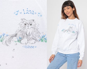 Hand Painted Cat Sweatshirt Lisa White Kitten Sweater 90s Animal Vintage Raglan Sleeve 1990s Graphic Novelty Print Hanes Medium