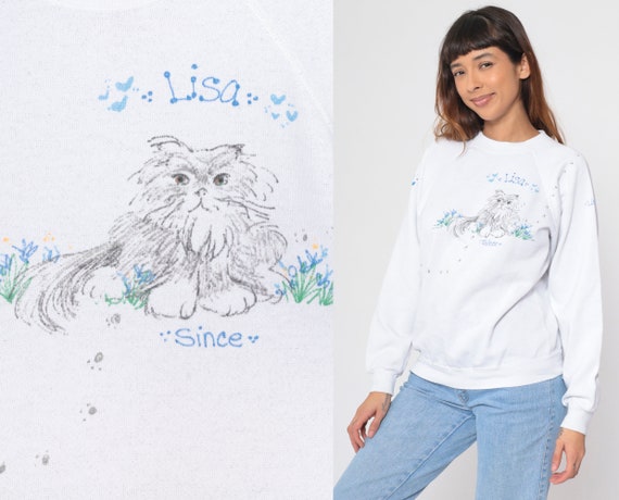 Hand Painted Cat Sweatshirt Lisa White Kitten Sweater 90s Animal Vintage Raglan Sleeve 1990s Graphic Novelty Print Hanes Medium