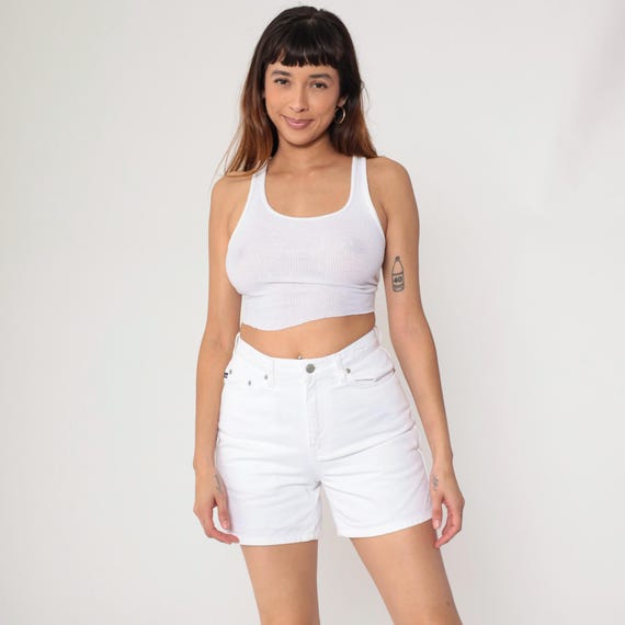 Polo Ralph Lauren White Denim Shorts 90s High Waist Cotton American Flag Inseam Mom Jean Style Preppy Classic Vintage Summer Spring Small S