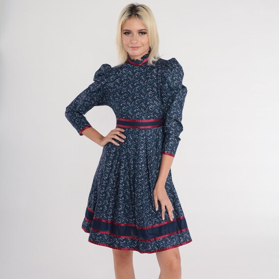 70s Prairie Dress Blue Calico Floral Mini Dress Puff Sleeve High Neck Ruffled Cottagecore Peasant Babydoll Lolita Boho Vintage 1970s 2xs xxs