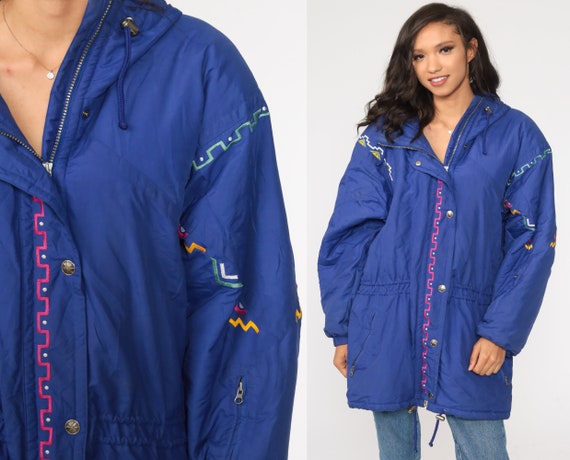 90s Ski Jacket Purple Puffy Jacket Neon Puffer Coat Southwestern Hooded Jacket Southwest Coat Retro Vintage Puff Large 12