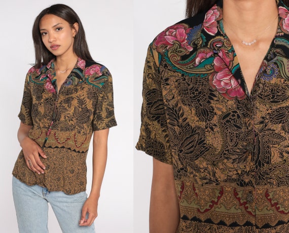 Floral Blouse Y2K Button Up Shirt Black Flower Print Short Sleeve Top Rayon Collared Retro Preppy Summer Bohemian Vintage 00s Medium 8