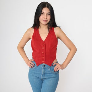 Red Vest 70s 80s Button Up Top Retro Waistcoat Princess Seam Simple Plain Preppy Sleeveless Seventies Summer Vintage 1970s Extra Small xs