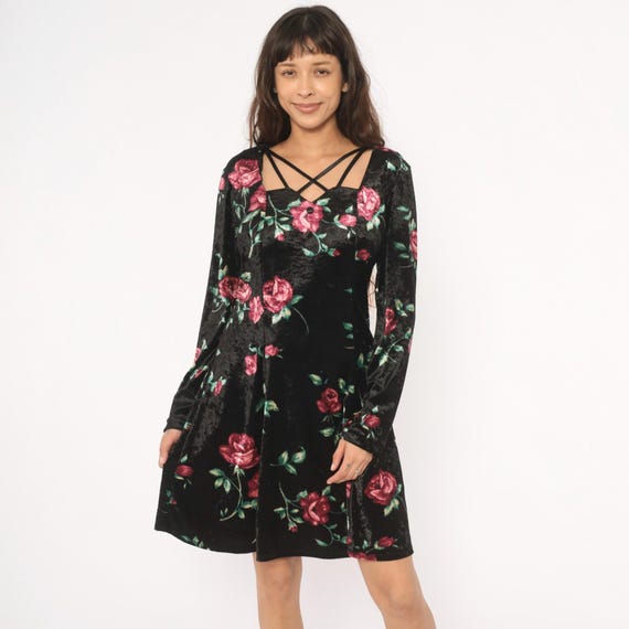 90s Whimsigoth Velvet Mini Dress Rose Black Floral Print Strappy Neckline Fit Flare Pink Green Gothic Dark Cottagecore Grunge Large L