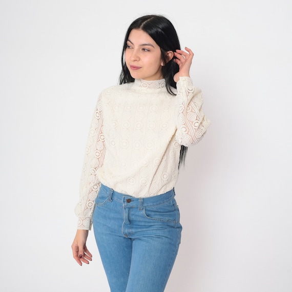 70s Lace Bodysuit Cream Cutout Leotard Top Long Sleeve Sheer Sleeve Blouse Mockneck Shirt Mock Neck Swirl Cut Out Vintage 1970s Medium