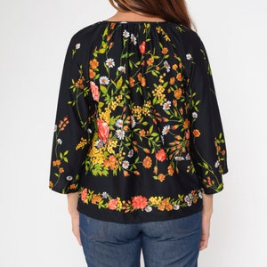 70s Floral Blouse Black Bell Sleeve Top Boho Hippie Flower Print Shirt Keyhole Festival Seventies Long Sleeve Vintage 1970s Medium Large image 5