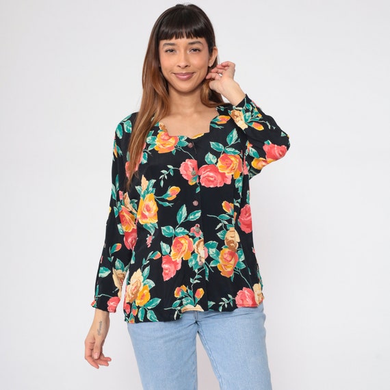 Black Floral Blouse 90s Button up Shirt Flower Print Long Sleeve Top Scalloped Neckline Hippie Bohemian Vintage 1990s Carole Little Medium M