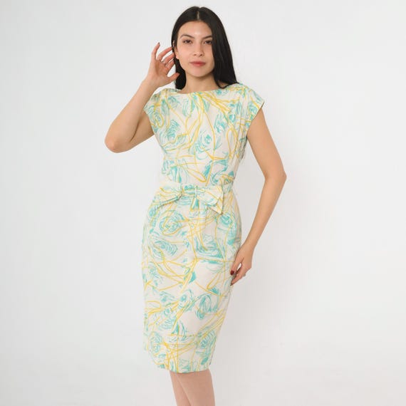Vintage 60s Abstract Hourglass Dress Belted Bow Waist Midi Dress White Party Retro High Waist Cap Sleeve Mid Century Sixties 1960s Small 4
