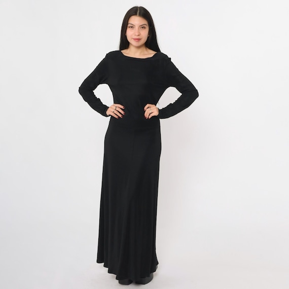 Vintage Black Maxi Dress 90s Bateau Neckline Long Sleeve Evening Minimalist Dress Plain Party Dress 1990s Simple Chic Drop Waist Medium M