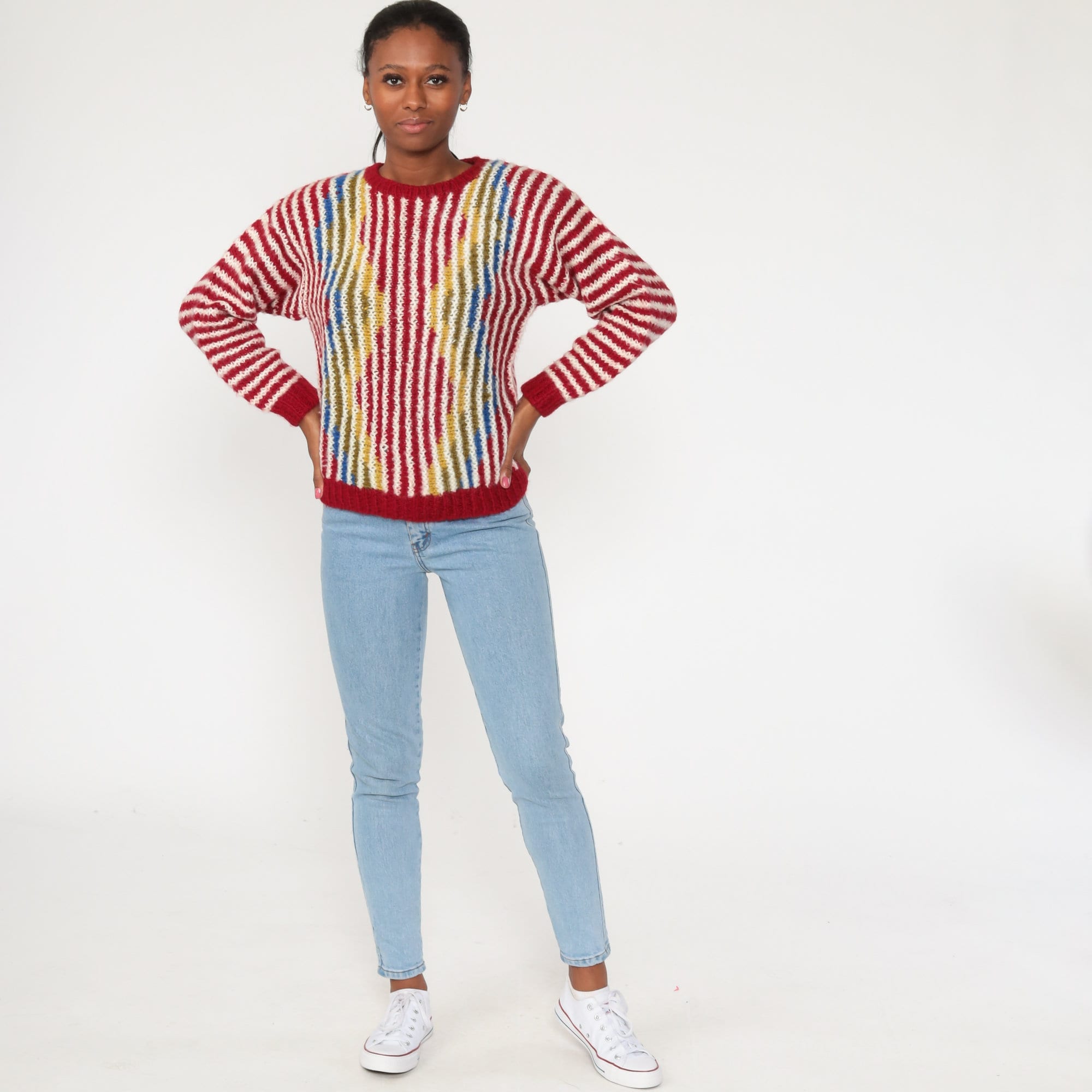 Primary Color Sweater Striped Sweater 80s Knit Sweater Red Yellow ...