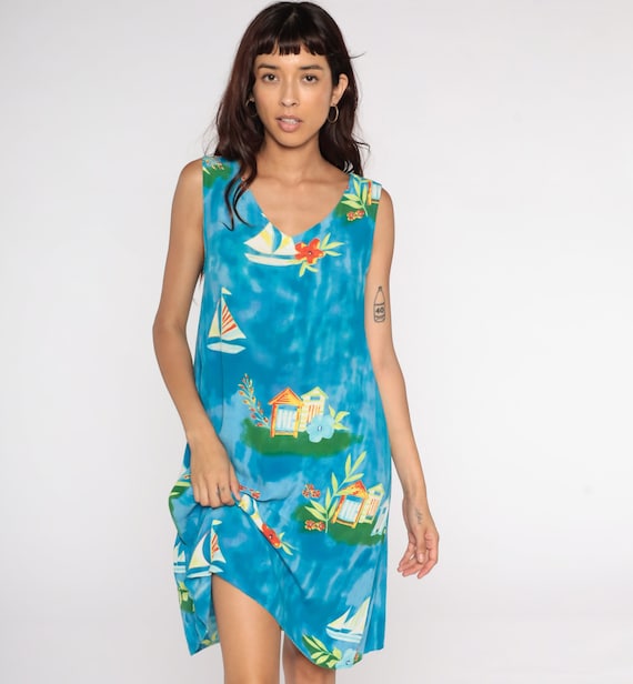 Summer Sailboat Dress 90s Mini Dress Floral Sundress 1990s Shift Boat Nautical Sun Dress Vintage Sleeveless Blue Watercolor Novelty Medium