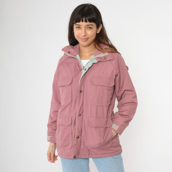 Vintage Dusty Pink Woolrich Jacket Women's 80s Hooded Parka Winter Coat Puffer Jacket Cargo Pocket Hoodie 1980s Retro Insulated Medium