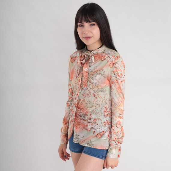 Floral Ascot Blouse 70s Bird Button Up Necktie Shirt Flower Village Print Top Long Sleeve Bow Green Pink Orange Vintage 1970s Small S