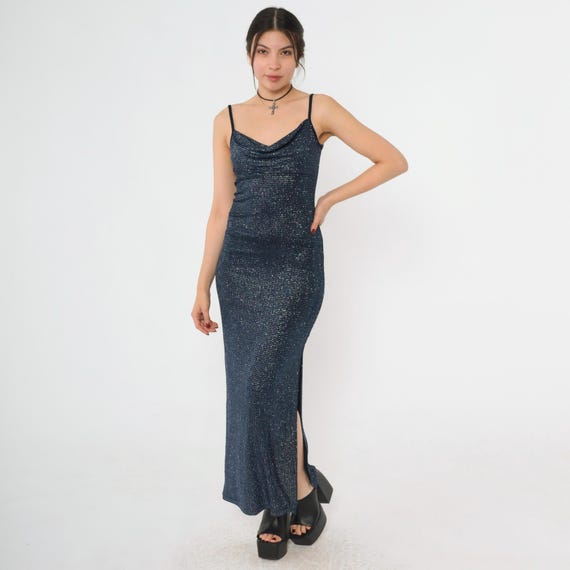 00s Metallic Blue Party Dress Vintage High Slit Dress Maxi Club Dress Y2K Cowl Neck Sleeveless Spaghetti Strap Bodycon Cocktail Small xs