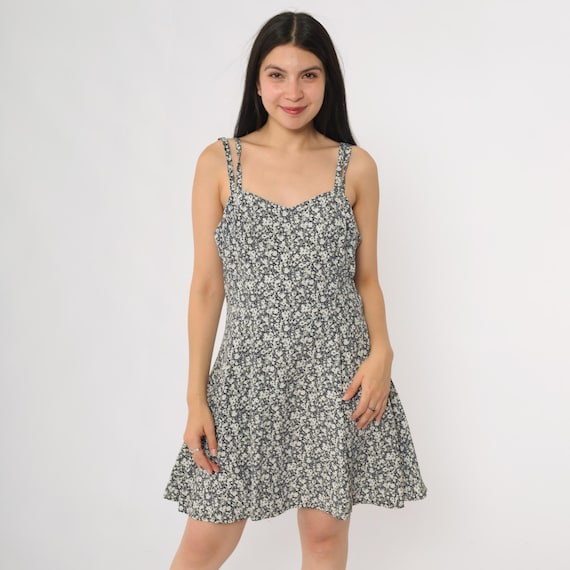 Floral Mini Sundress 90s Ditsy Navy Blue White Grunge Alternative Double Strap Sweetheart Neckline A Line Alt Dress Festival Summer Small S
