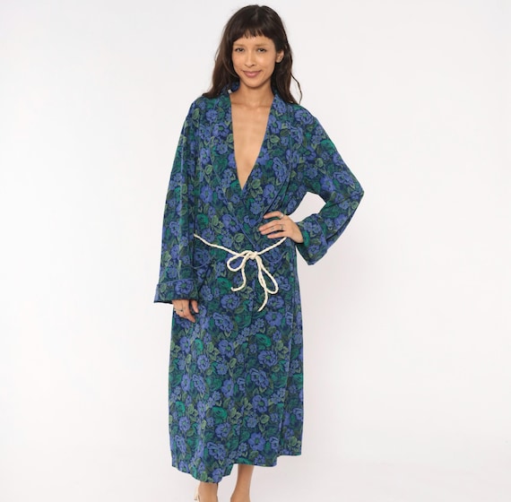 90s Floral Robe Blue Green Wrap Housecoat Gown Tie Front Pocket Navy Periwinkle Botanical Print Loungewear Kimono Style Vintage Large L