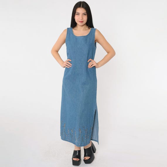 Vintage Denim Dress Floral Embroidered Sequin Jean Jumper 90s Grunge Overall Dress Blue Ankle Length Pinafore Sleeveless 1990s Small S