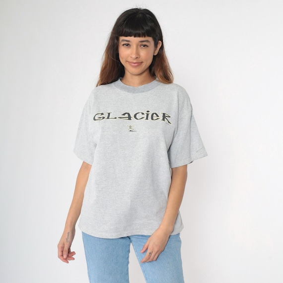 Vintage Glacier Graphic T-Shirt 90sGray Ribbed Knit Short Sleeve Tee Stick Figure National Park Crewneck Size Large L Unisex