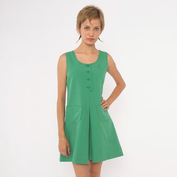 80s Green Mini Dress Mod Shift Sleeveless Button Placket Patch Pockets Box Pleat A Line Sundress Tank Summer Day Vintage Extra Small XS