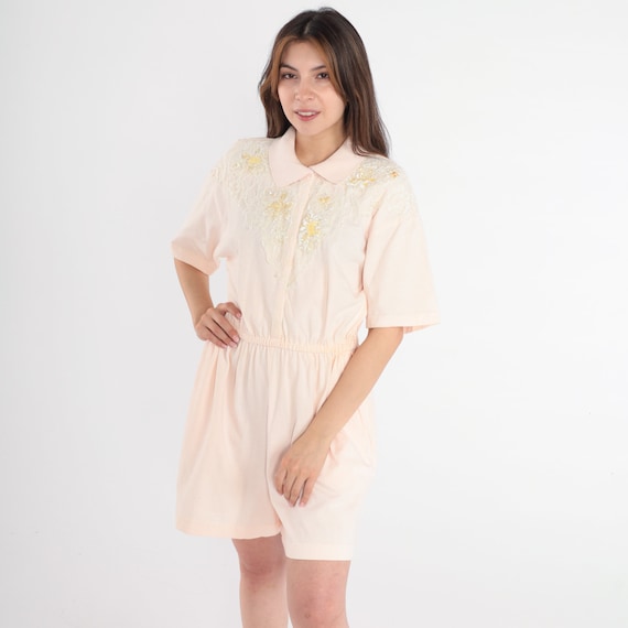 80s Romper Baby Pink Sequin Beaded Lace Cotton Playsuit One Piece Jumpsuit Short Sleeve 1980s Button Up Vintage Retro High Waist Small S