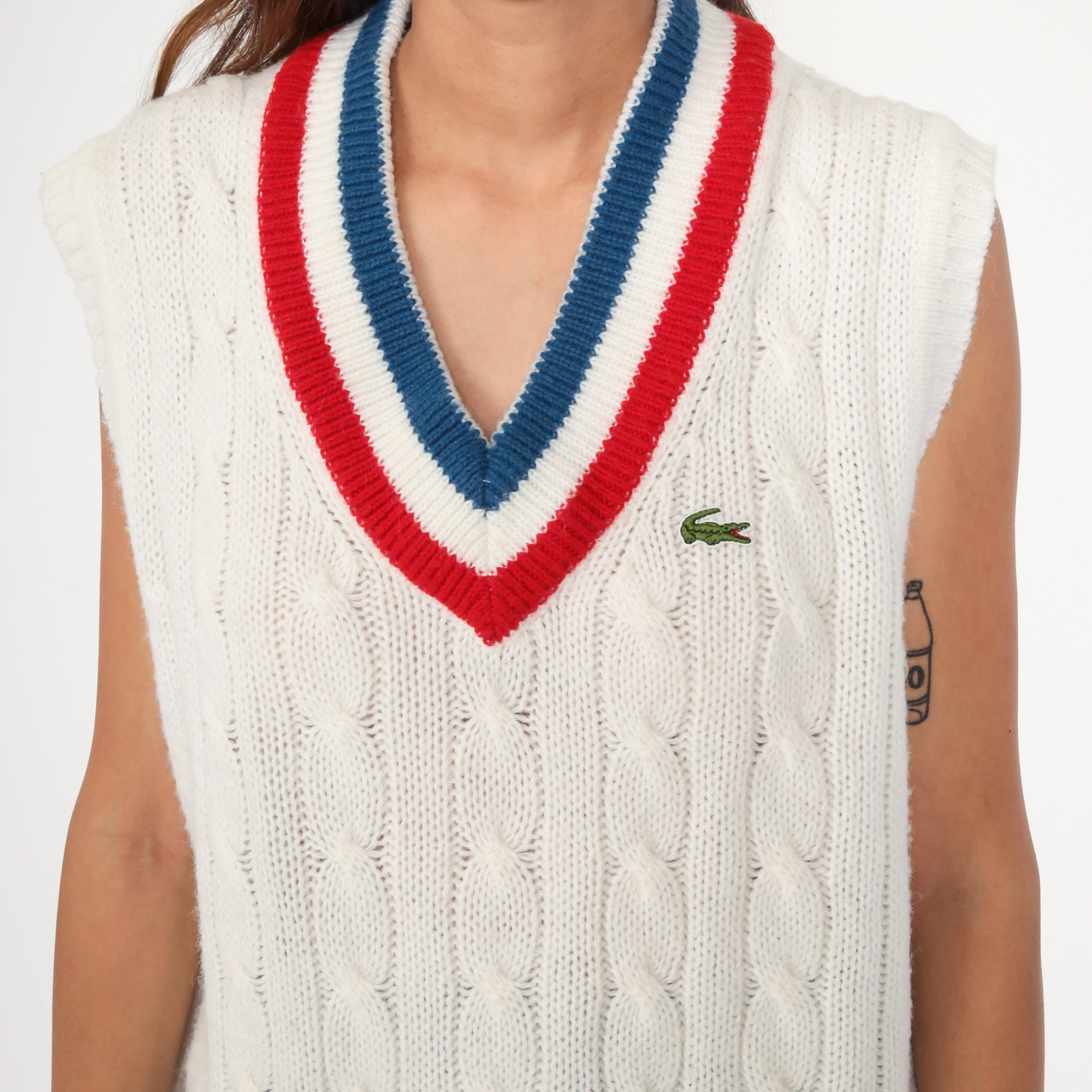 70s Lacoste Sweater Vest Top Tennis Vest Top White Knit Retro Cable Knit Sleeveless Sweater Acrylic Red Blue V Neck 80s Medium Large