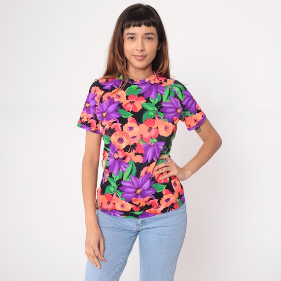 Watercolor Floral T Shirt 90s Purple Orange Green Black Print Short Sleeve Fitted Vintage Top Colorful Bold Pattern Stretchy Casual Small S