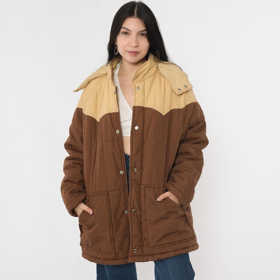 Vintage 80s Western Puffer Jacket Hooded Two Tone Retro Ski Jacket Brown Tan Color Block Hoodie Winter Puffy Coat 1980s Men's Large L