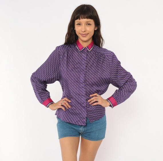 80s Purple Printed Blouse Lady Arrow Abstract Button Front Shirt Pink Contrast Cuffs Long Sleeve Violet Top Magenta Trim Vintage Medium M