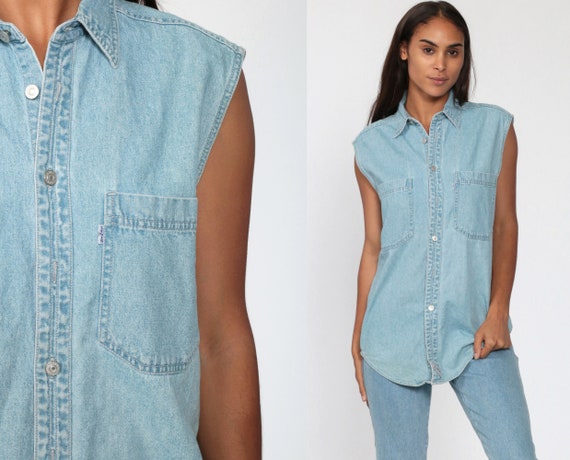Levis Denim Shirt 80s LEVI Light Blue Jean Shirt S