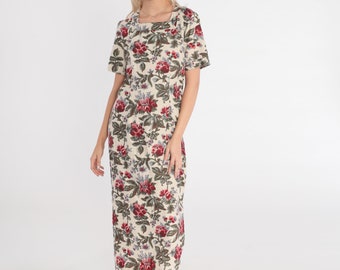 Crème bloemenjurk jaren 90 enkellange maxi-jurk korte mouw bloemenprint tuinfeest boho zijsplit zomerdag vintage jaren 1990 kleine S