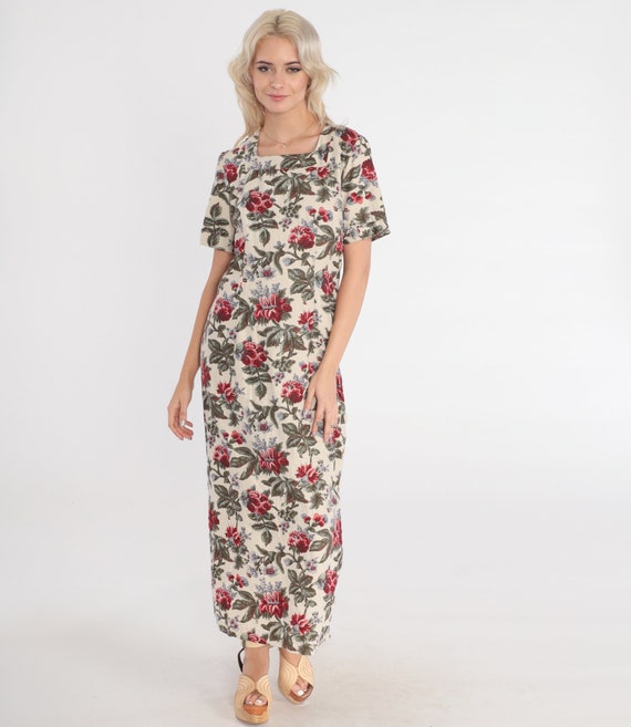 Cream Floral Dress 90s Ankle Length Maxi Dress Short Sleeve Flower Print Garden Party Bohemian Side Slit Summer Day Vintage 1990s Small S