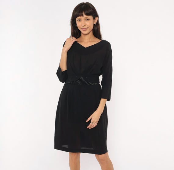50s Cocktail Party Dress Twist Front Black V Neck Three Quarter Sleeve  Satin Waistband Button Detail Evening Vintage Dark Feminine Medium M