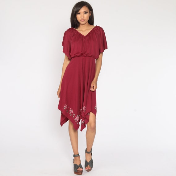 Grecian Party Dress 70s Midi Burgundy Floral High… - image 5