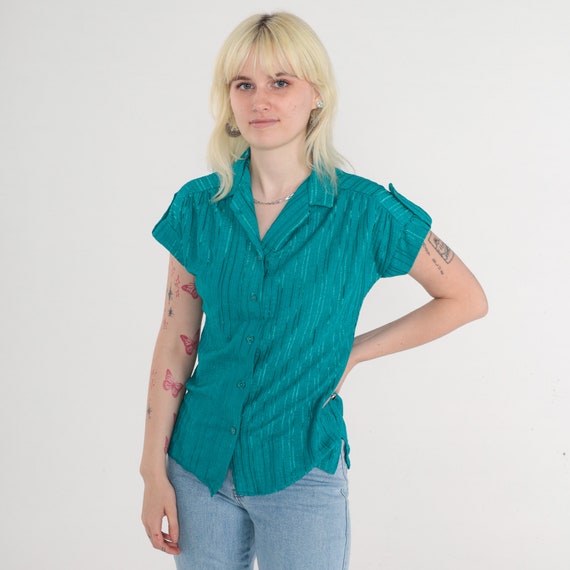 Teal Green Blouse 80s Button up Shirt Shiny Striped Top Collared V Neck Roll Tab Cap Sleeves Retro Chic Simple Vintage 1980s Small Medium
