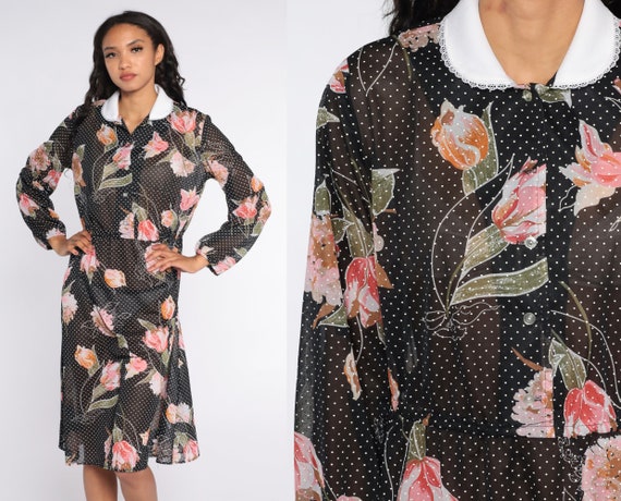 Sheer Floral Dress 80s Black Secretary Dress Polka Dot Long Sleeve Midi Button Up Vintage Boho High Waisted Long Sleeve Bohemian Large