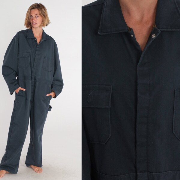 Vintage 90s Black Dark Teal Saller Jumpsuit Tracksuit Boiler Suit One Piece XL