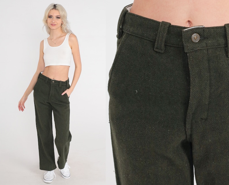 Wool Blend Trousers Olive Green Pants 80s Straight Leg Trousers High Waisted 1980s Vintage Small 28 image 1