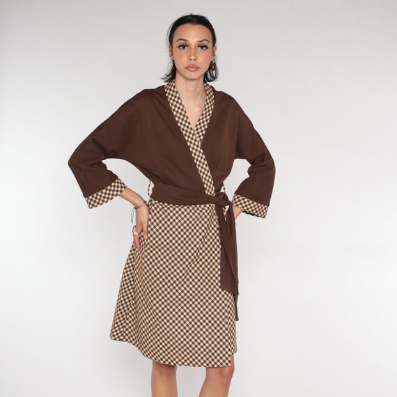 70s Wrap Dress Brown Gingham Wool Midi Dress Secretary High Waisted V Neck Knee Length Mod Professional Long Sleeve Vintage 1970s Small S