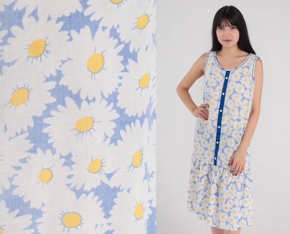 Floral Scooter Dress 80s Does 60s Daisy Print Midi Dress Mod Drop Waist Retro Twiggy Go Go Sleeveless Blue White Day Vintage 1980s Medium M