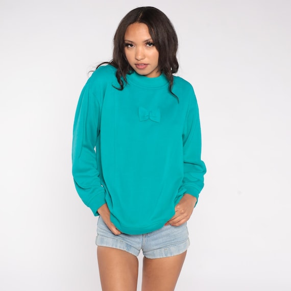 90s Bow Sweatshirt Applique Teal Turquoise Pullover Mock Neck Long Sleeve Preppy Minimal Sweet Simple Embellished Medium M
