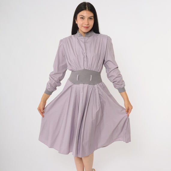 80s Purple Dress Lavender Lilac Long Sleeve Mock Neck Midi Elastic Waist Belt Ribbed Knit Trim Power Shoulder Professional Byer Too Small S