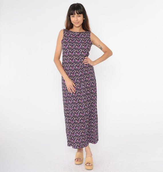90s Maxi Dress Purple Geometric Sleeveless Shift Vintage Black Hippie Boho Boho 1990s Summer Dress Abstract Print Sundress Medium